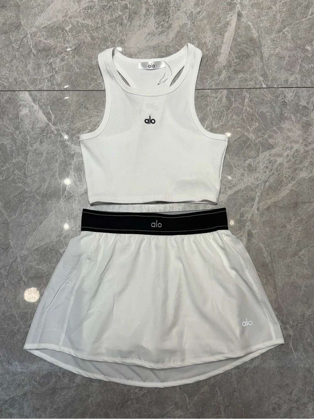ALO Yoga White Crop Tank and White Skort with Black Waistband